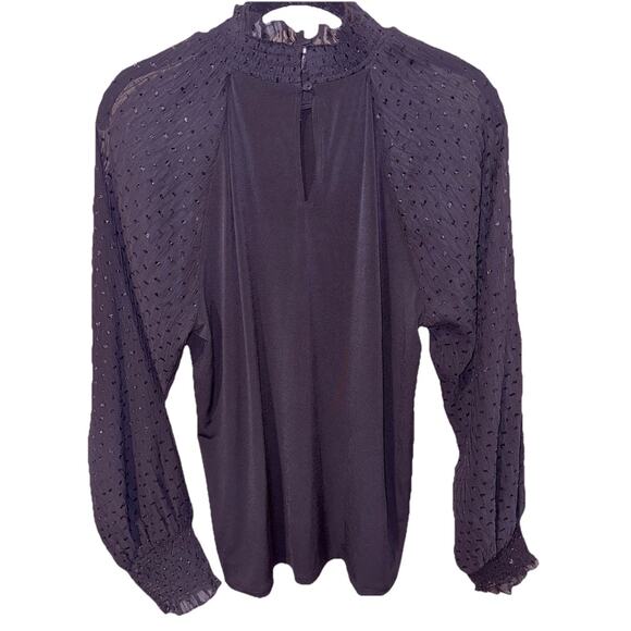 Ann Taylor Black Blouse WSheer Sleeve Metallic Dot Size Medium NWT Holiday Ready - Picture 2 of 8